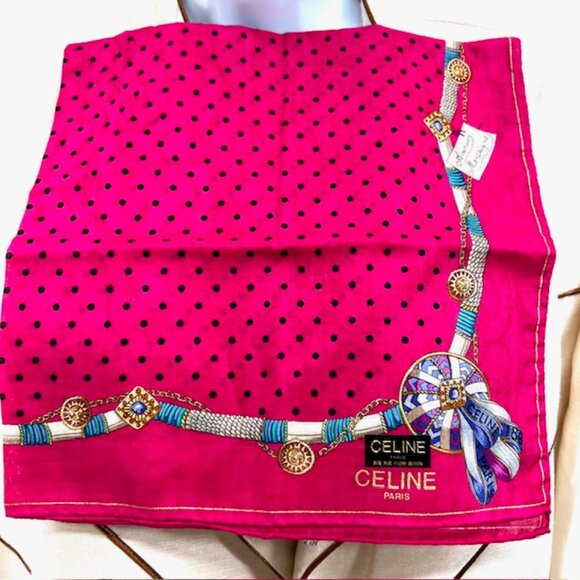 Tag On CELINE  Paris  Avenue Montaignez MiniScarf 21"  Cottn/Silk Dark Pink  (54 - Picture 3 of 8